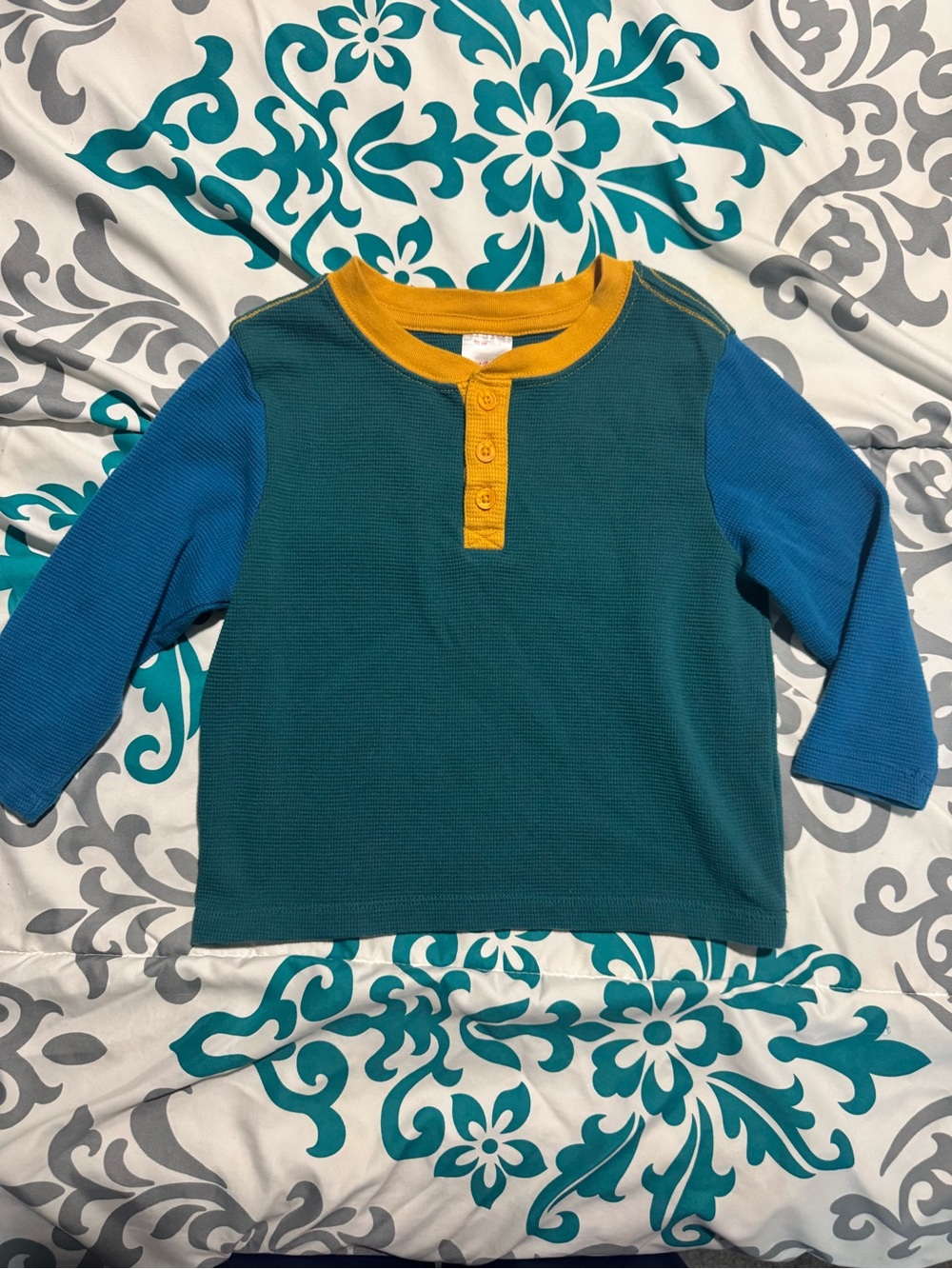 Hannah Andersson Colorblock Long-Sleeve Henley - Teal, Blue & Yellow 3T NWOT